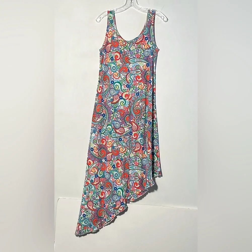 LULU-B Resort 100% Cotton Vibrant Paisley Asymmetric Ruffle Hem Beach Dress SZ S - Picture 3 of 14
